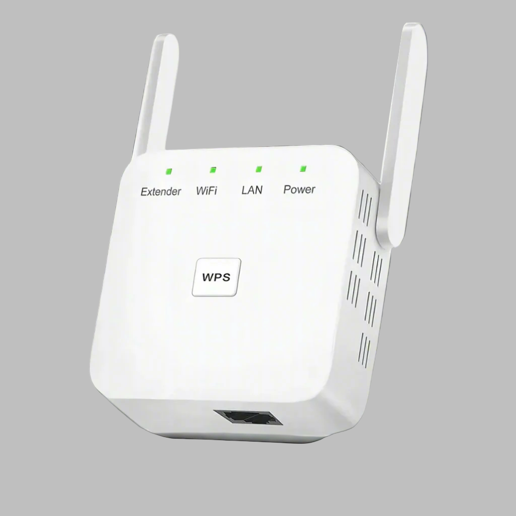 Dual band WiFi booster & internet extender for home network. Amplifies 2.4GHz & 5GHz wireless signal, eliminates dead zones.