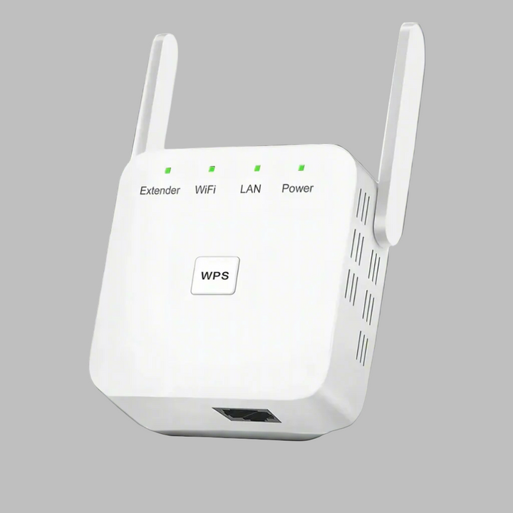 Dual band WiFi booster & internet extender for home network. Amplifies 2.4GHz & 5GHz wireless signal, eliminates dead zones.