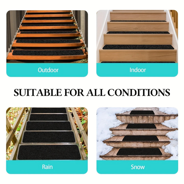 Heavy-duty rubber non-slip tread strips ensuring superior grip for stairs, ramps, & walkways, enhancing safety.