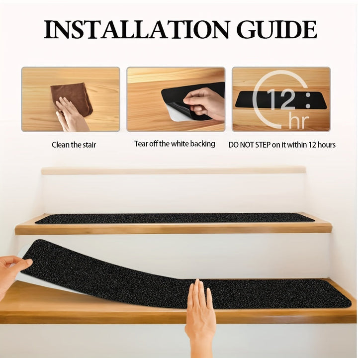 High-traction rubber anti-slip safety strips designed to prevent slips and falls on residential & commercial stairs.