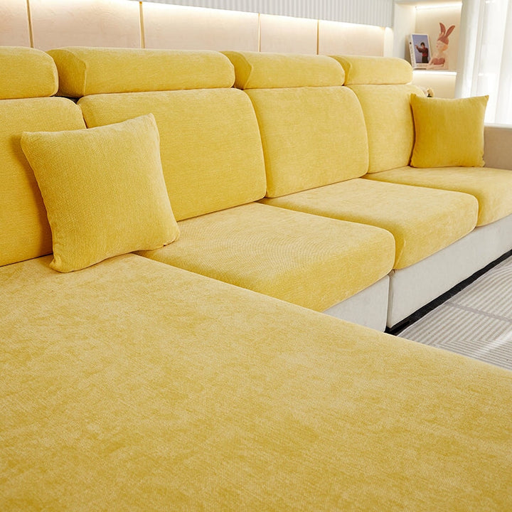 Modern chenille sectional slipcover. Washable and pet-friendly, ideal for living room sofa protection.