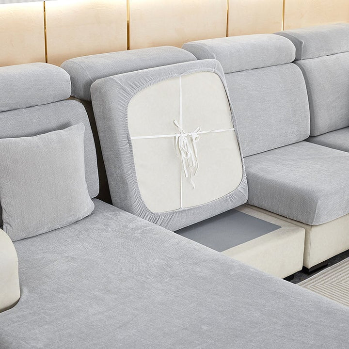 Full coverage chenille sectional slipcover. Durable, washable sofa cover for stylish and pet-friendly homes.