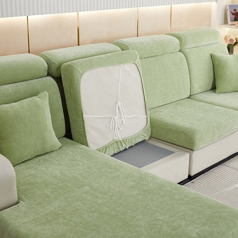 Heavy-duty chenille sectional slipcover. Durable sofa cover ensures stylish protection for busy homes.