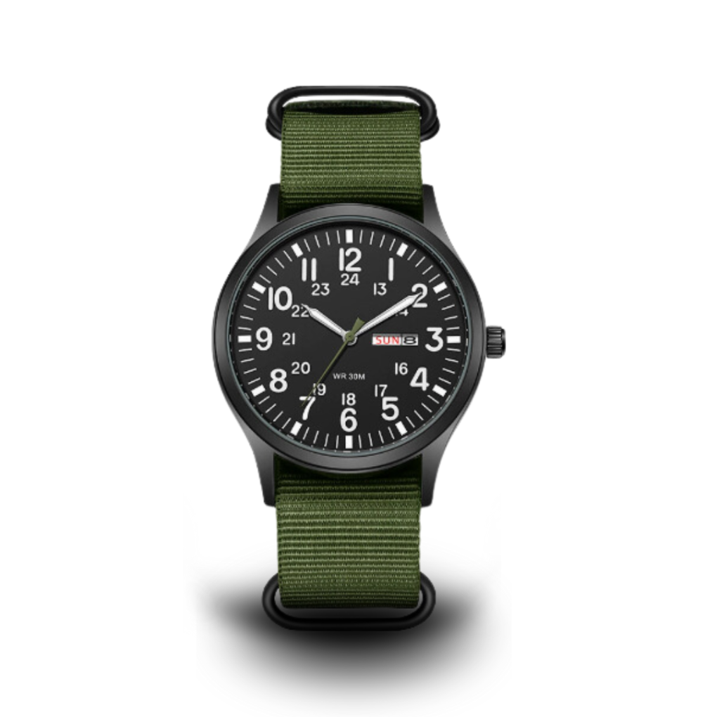 Durable men's military outdoor watch. Rugged, waterproof, tactical timepiece for adventure, featuring a luminous display.