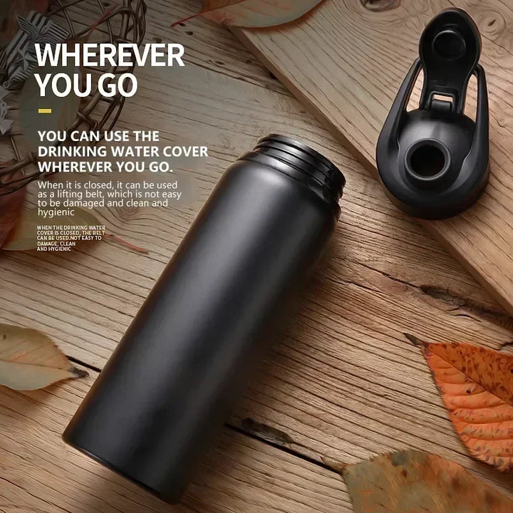 Leak-proof stainless steel thermos bottle, durable & insulated for outdoor adventures. Keeps hot/cold drinks.