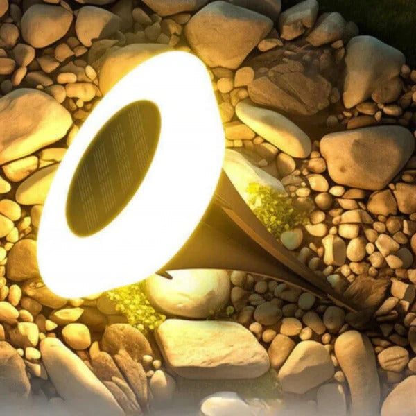 Automatic solar LED pathway lights, weatherproof and rust-proof, providing bright white light for outdoor landscape.