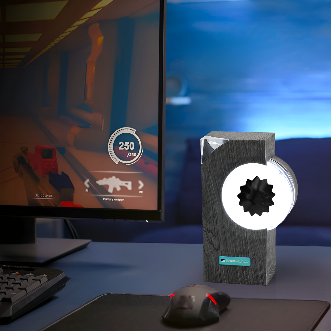Sound reactive LED rhythm light displaying music visually on a desk. Interactive audio decor.