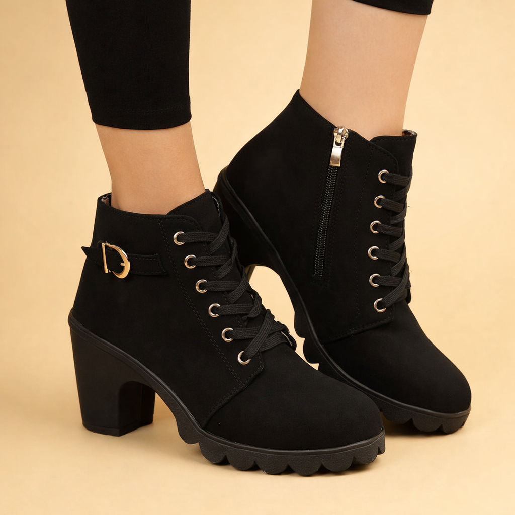 Edgy women's black chunky heel lace-up ankle boots with buckle detail, perfect for fall and winter fashion.
