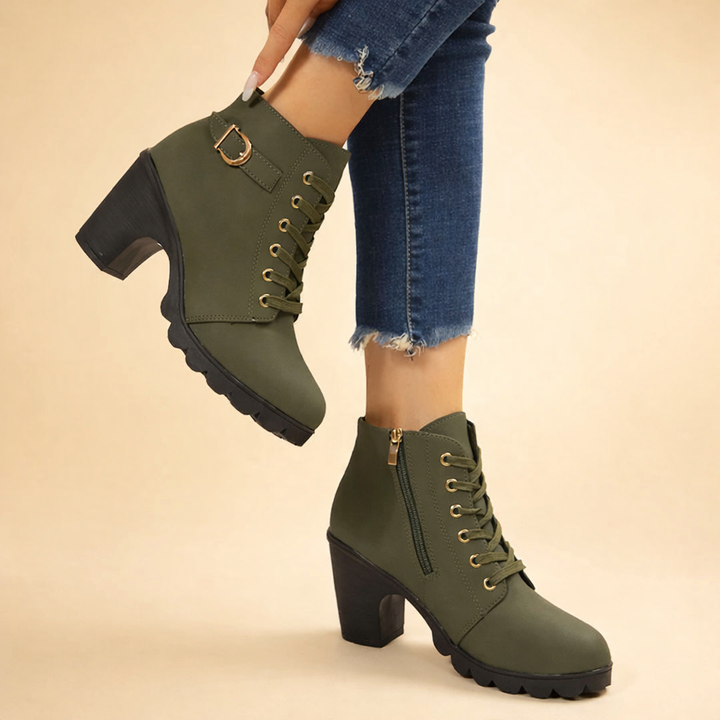 Stylish women's winter ankle boots with a chunky heel and lace-up design for edgy fall footwear.