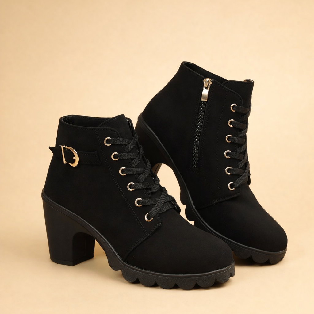 Fashionable women's edgy lace-up ankle boots featuring a chunky heel and buckle accents for winter.