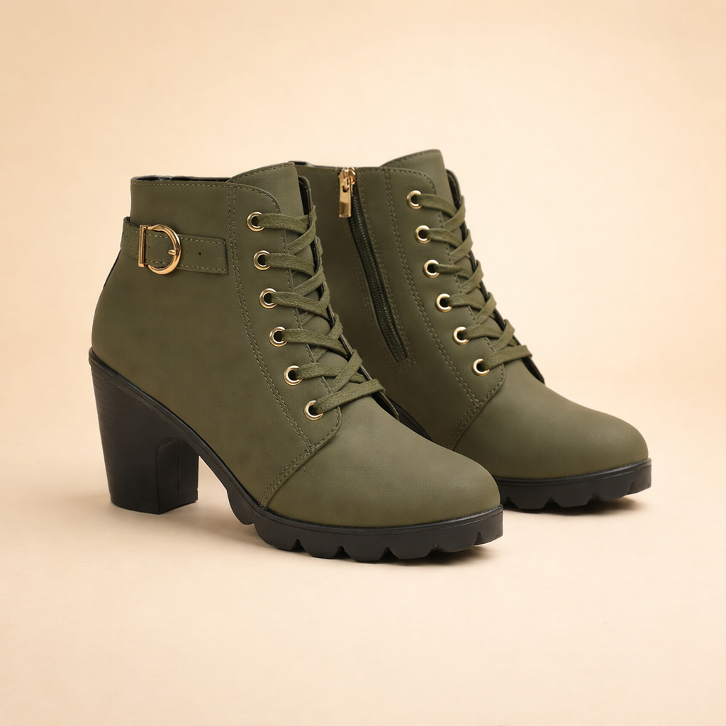 Women's edgy black chunky heel ankle boots with lace-up front and stylish buckle, ideal for winter wear.