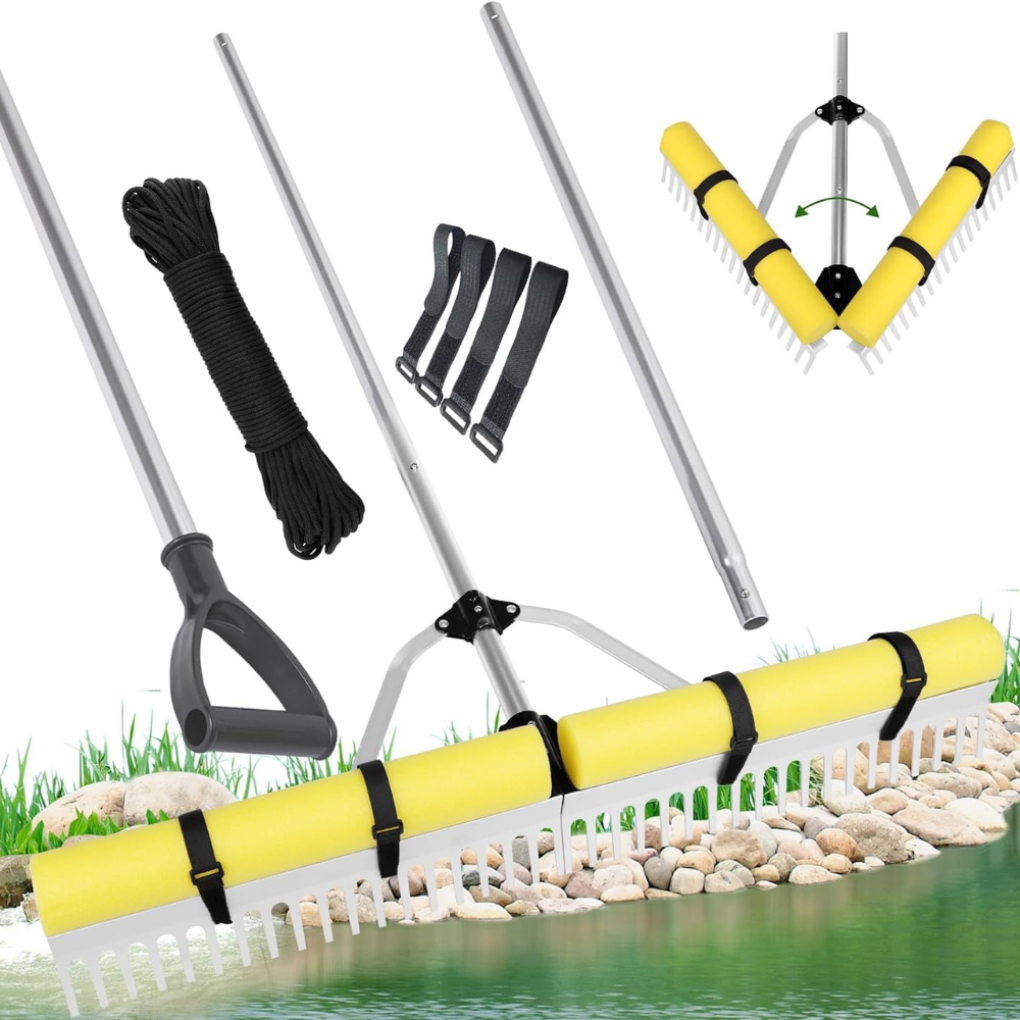 Eco-friendly floating lake rake, a pond cleaner and weed removal tool for clean waterfronts.