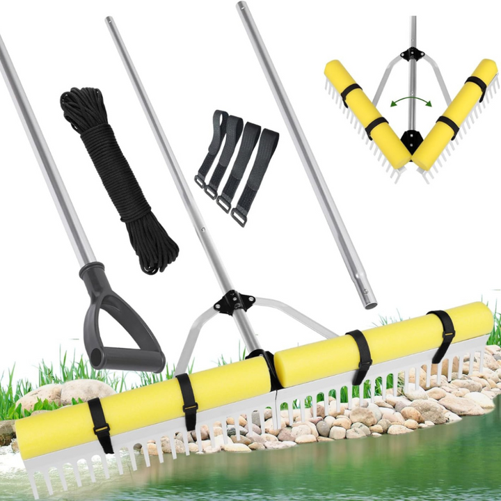 Eco-friendly floating lake rake, a pond cleaner and weed removal tool for clean waterfronts.