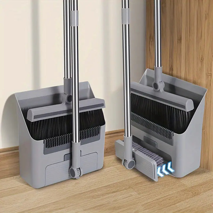 Versatile broom and dustpan set for effective cleaning of hardwood, tile, and laminate floors.