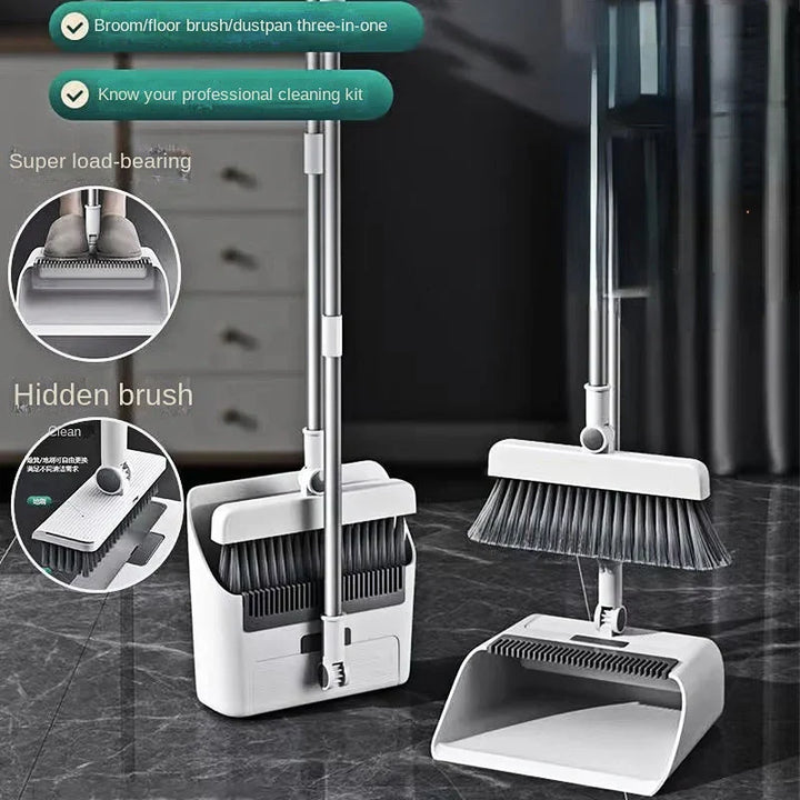 Ergonomic home cleaning broom and dustpan set with long handle for comfortable, efficient floor care.