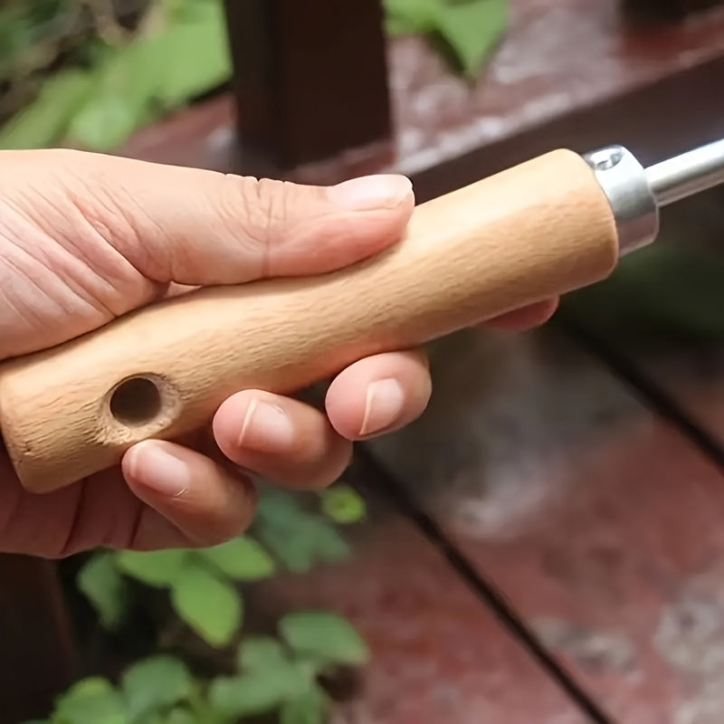 Handy weed remover tool for patio & driveway cracks, durable stainless steel blade, quick garden maintenance.