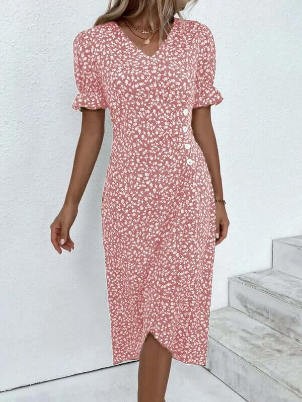 Comfortable women's casual dress, knee-length & breathable for sunny summer days.
