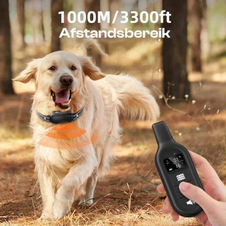 Remote electric dog training collar for obedience. Waterproof design with adjustable shock, vibration, & beep modes.