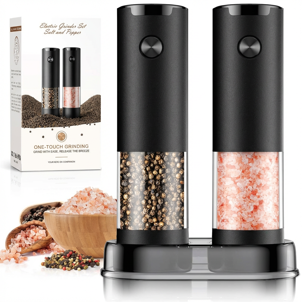 Electric salt & pepper grinder set, black, with adjustable coarseness & LED light. Effortless seasoning.