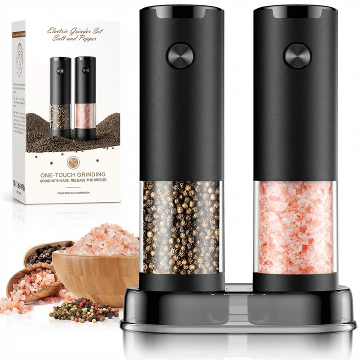 Electric salt & pepper grinder set, black, with adjustable coarseness & LED light. Effortless seasoning.