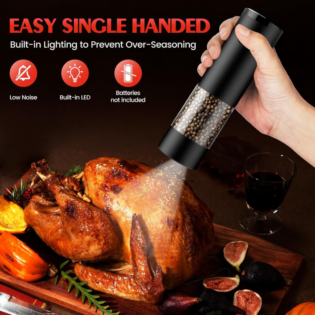 Automatic electric spice mill set for salt & pepper. Battery-operated black grinders for easy cooking.