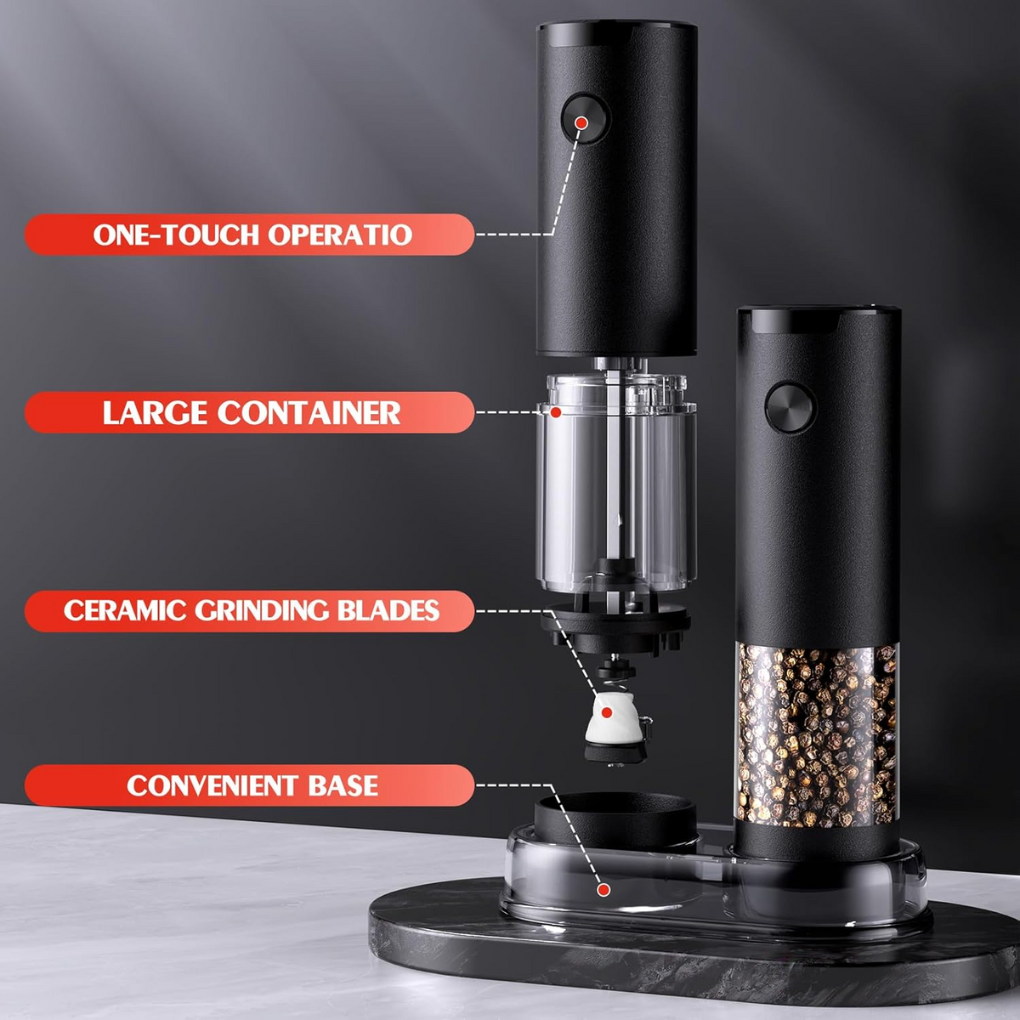 Stylish black electric salt and pepper grinder set with LED light. Perfect kitchen tool for home seasoning.