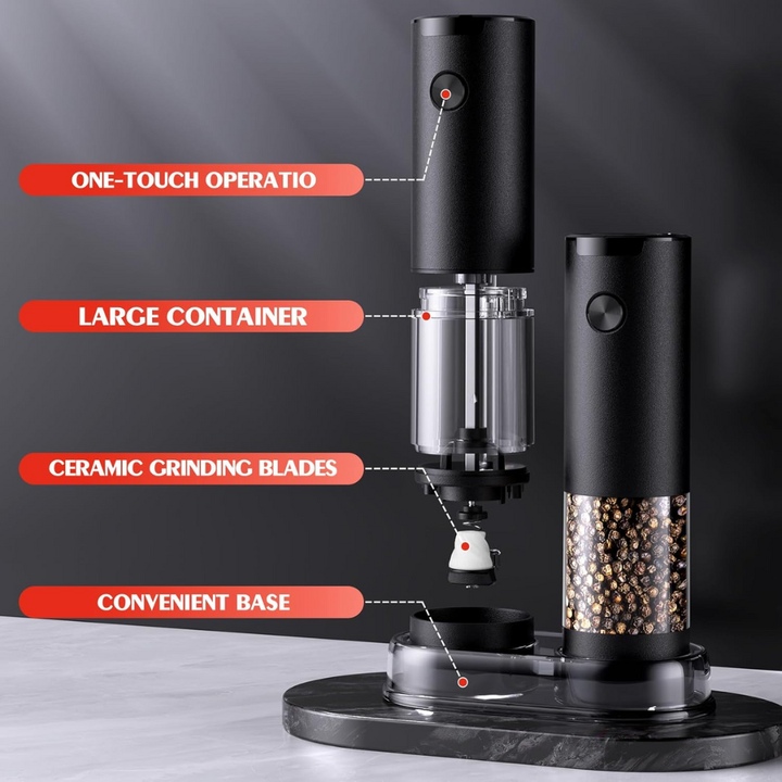 Stylish black electric salt and pepper grinder set with LED light. Perfect kitchen tool for home seasoning.