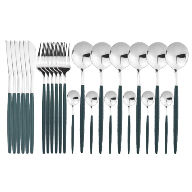 Angled view of the elegant 24-piece modern cutlery set, highlighting its unique design.