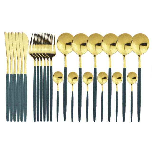 Sophisticated 24-piece flatware set ready for a modern dinner party table setting.