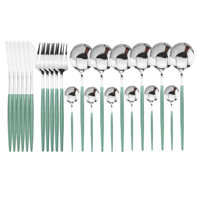 Polished 24-piece modern flatware set, reflecting light for an elegant table decor.