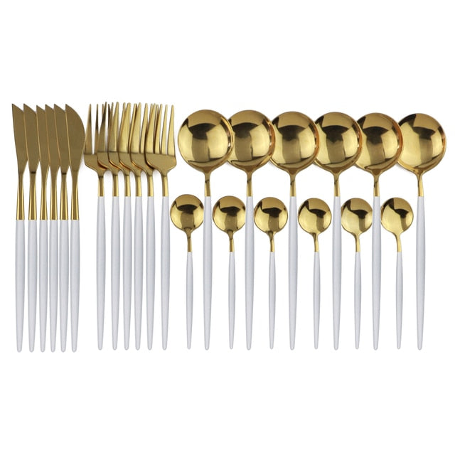 Detail of the elegant handles on the 24-piece modern flatware, a unique cutlery design.