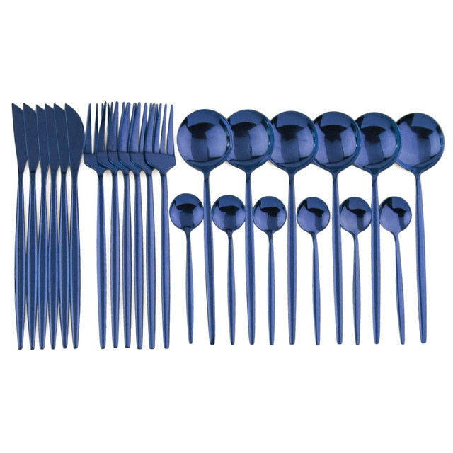 Grouped pieces of the 24-piece modern flatware set, highlighting the comprehensive collection.