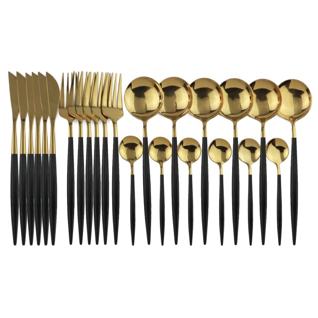Individual elegant forks, knives, and spoons from the 24-piece modern cutlery set.