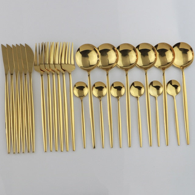 Trendy rose gold 24-piece modern flatware set, unique and stylish for modern kitchens.
