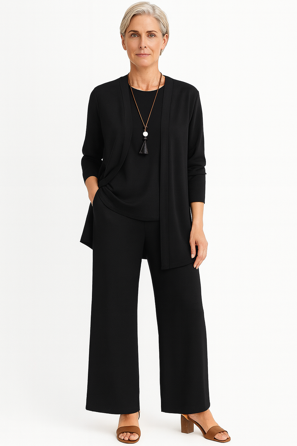 Versatile co-ord outfit: women's top, trousers, and jacket.