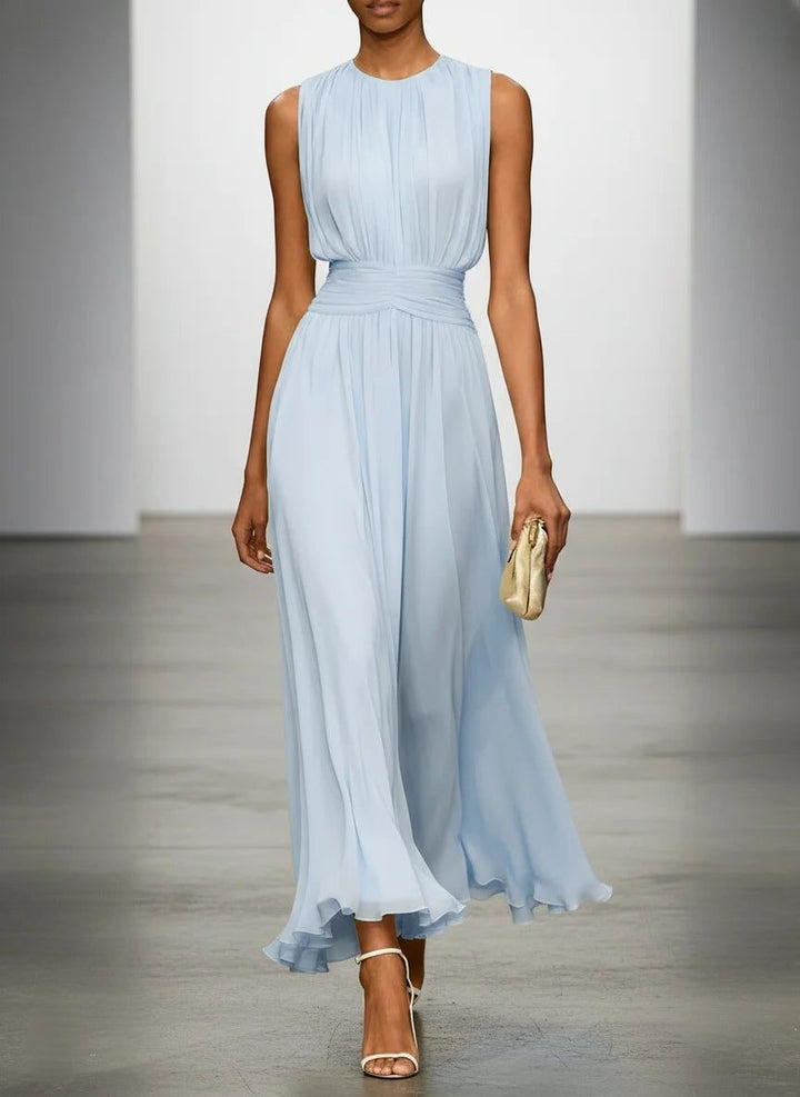 Elegant A-line maxi dress for wedding guests.