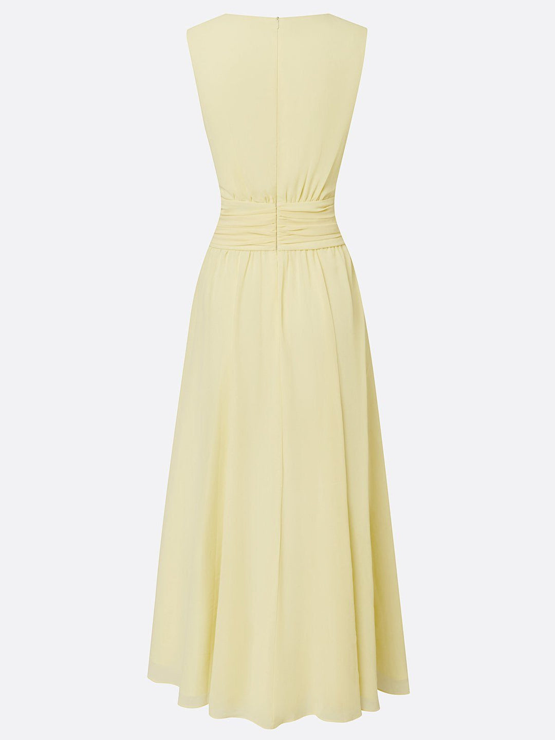 Chic sleeveless maxi dress with a ruched waist, perfect for special occasions.