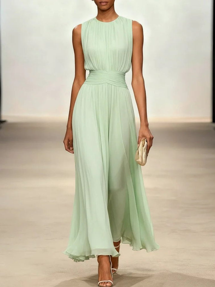 A-line wedding guest dress, sleeveless design, elegant and comfortable.