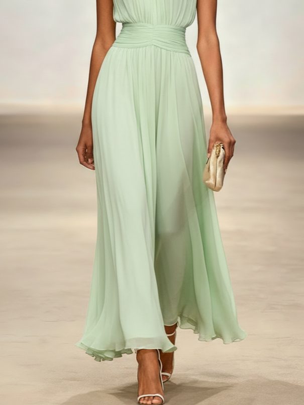 Elegant sleeveless A-line dress, perfect for summer wedding guests.