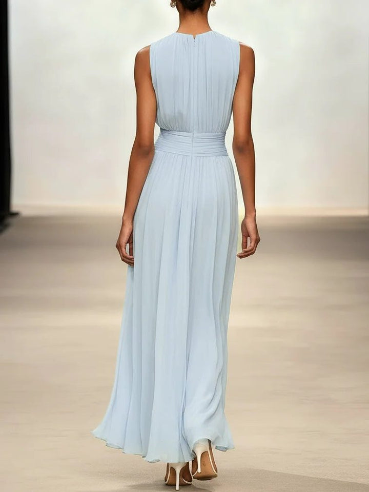 Women's formal sleeveless dress with ruched waist for special occasions.