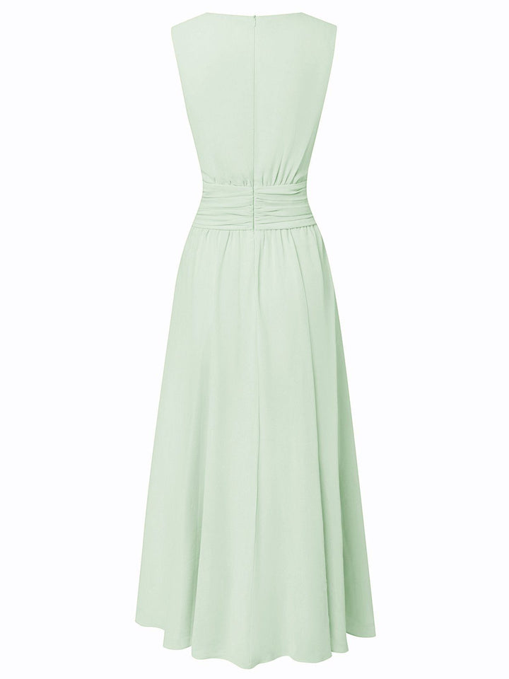 Graceful A-line wedding guest dress, ruched waist detail for elegance.