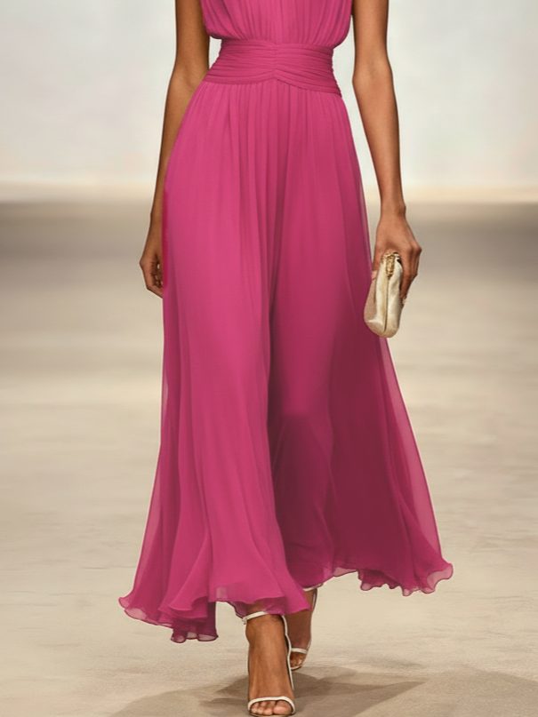 Women's formal sleeveless dress, ruched waist detail, flattering fit.