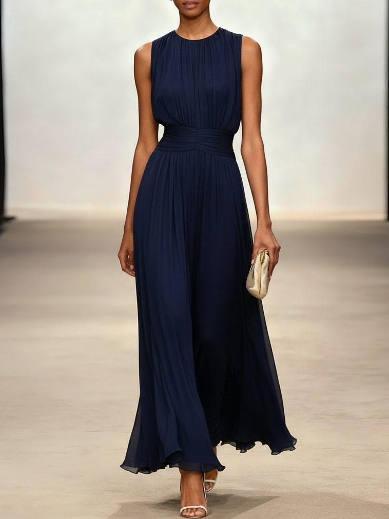 Sleeveless ruched waist formal dress, perfect for a sophisticated occasion.