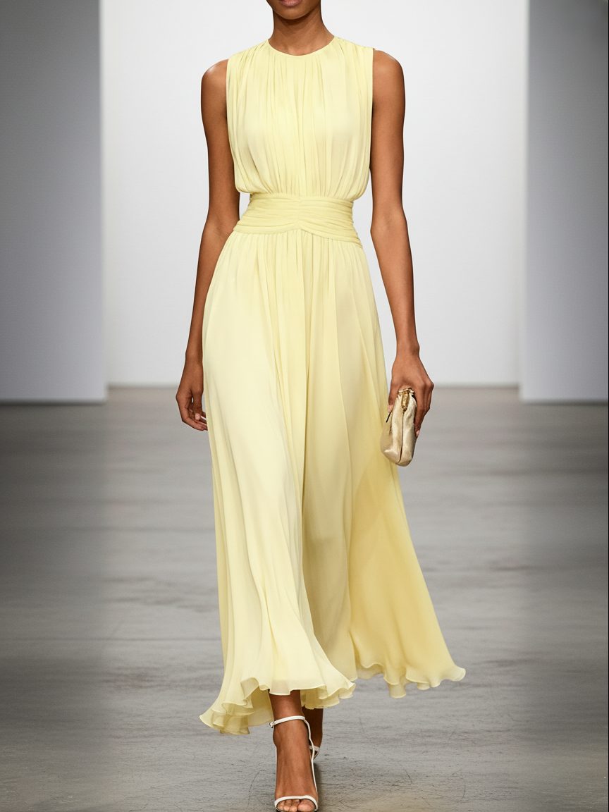 Sophisticated women's wedding guest dress with flattering ruched waist.