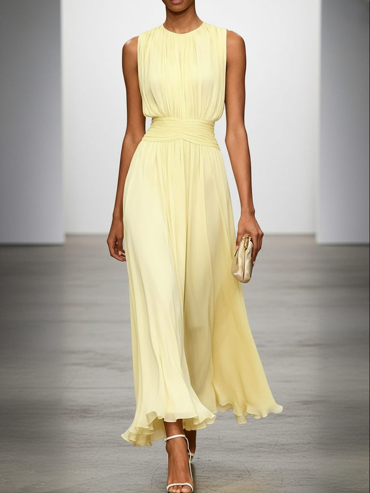 Sophisticated women's wedding guest dress with flattering ruched waist.