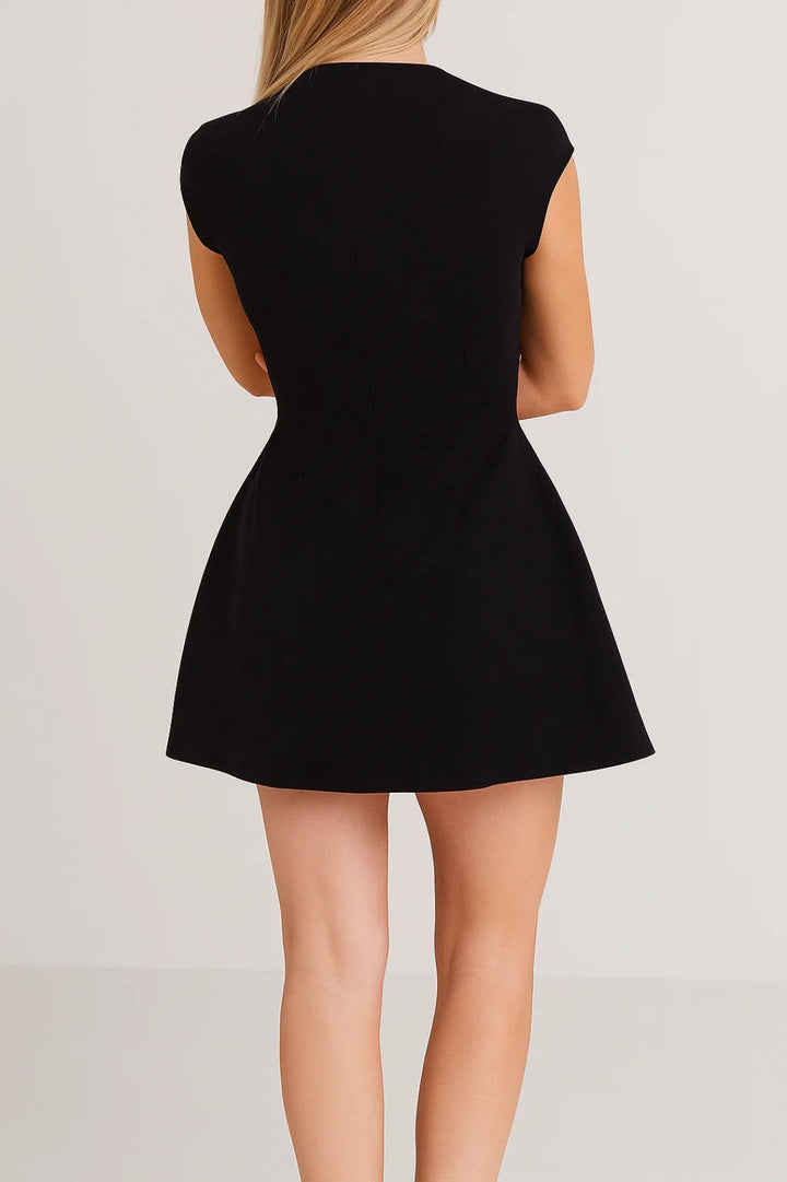 Crisp white A-line mini dress, an elegant women's spring/summer dress with a refined stand-up collar detail.