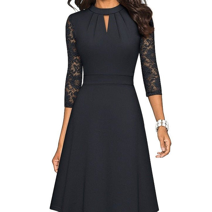 Elegant A-line semi-formal dress for women with delicate lace sleeves & high neck. Perfect for special occasions.