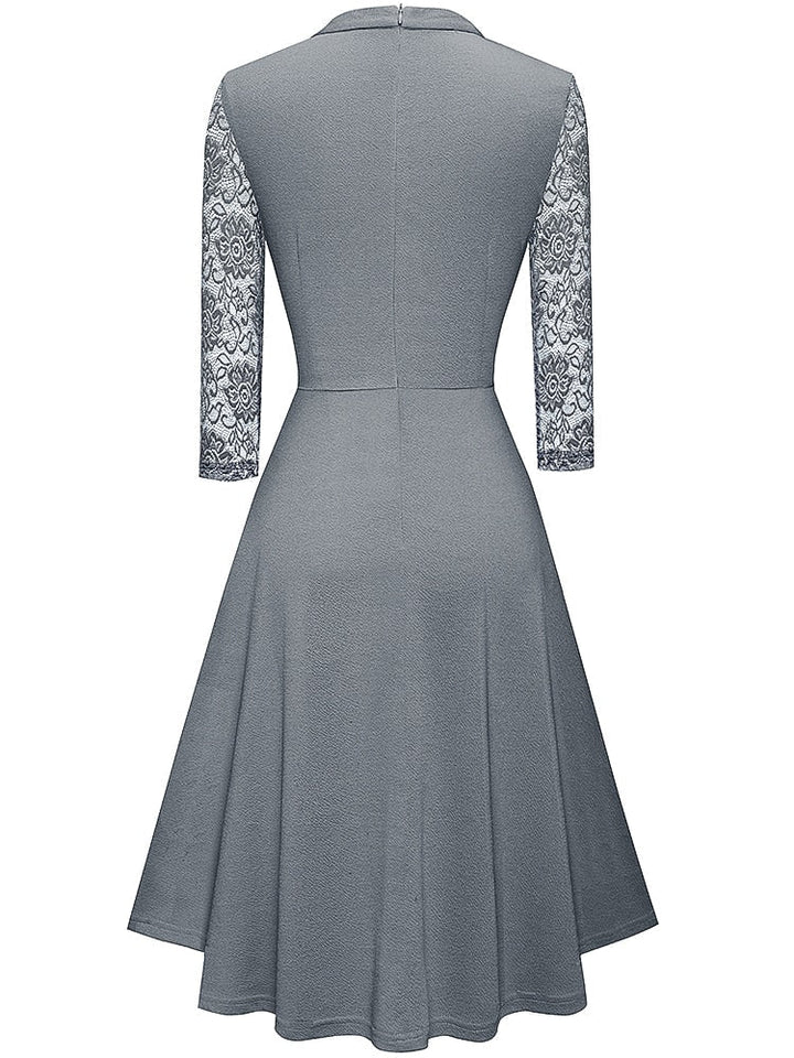 Front view: Elegant women's A-line high neck dress with intricate floral lace sleeves. Chic semi-formal style.