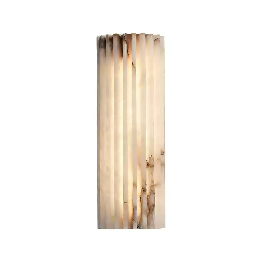 Dimmable alabaster wall light illuminating a refined interior at night with soft LED glow.