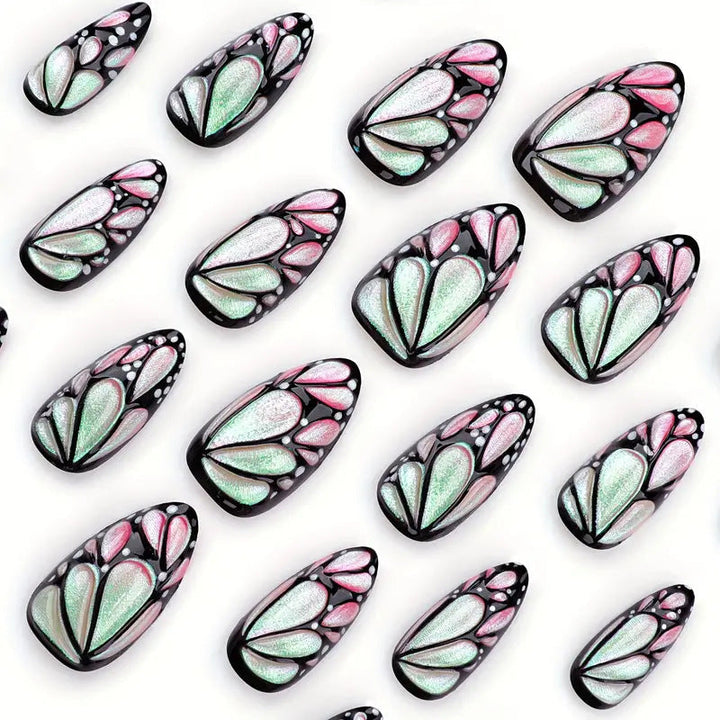 Fashionable decorative press-on nails featuring unique artistic designs. Long-lasting false nails for women.